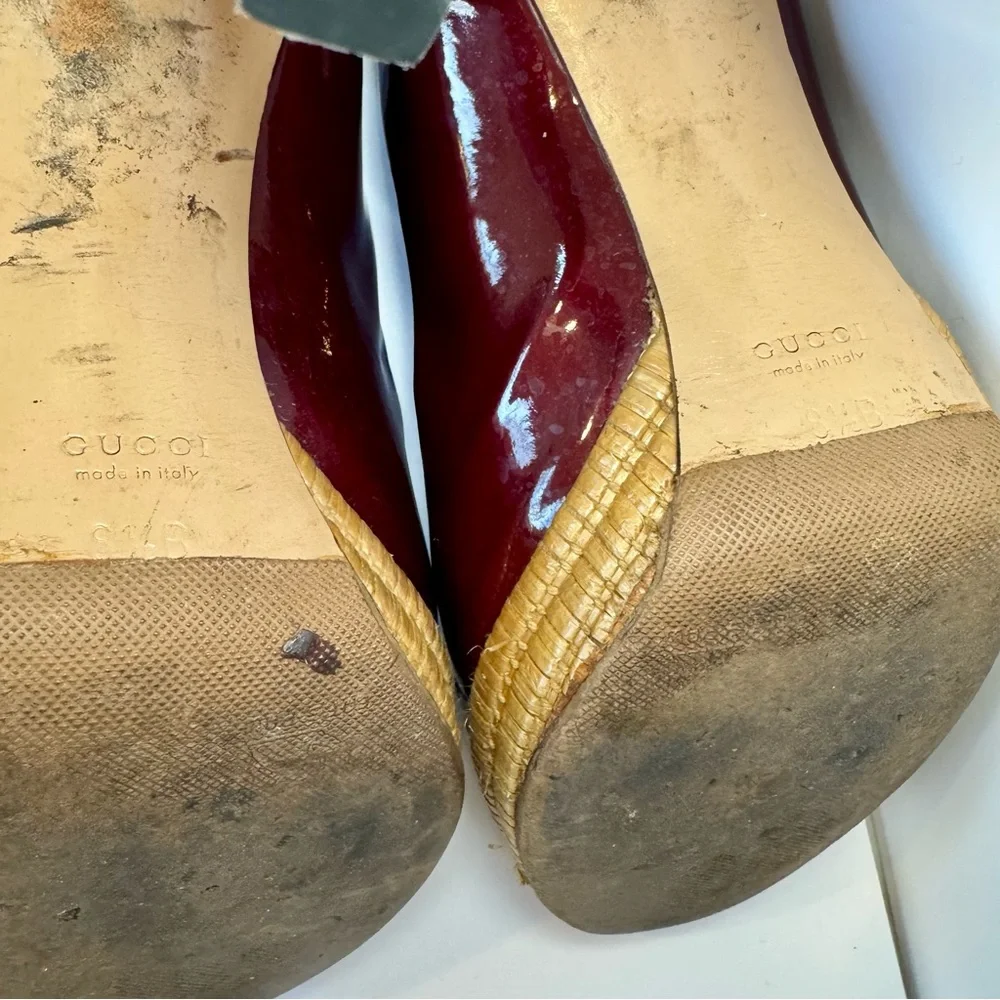 Gucci Burgundy Patent Leather Sandal W Bamboo Platform & Horsebit Accent Sz 8.5 - Picture 15 of 15